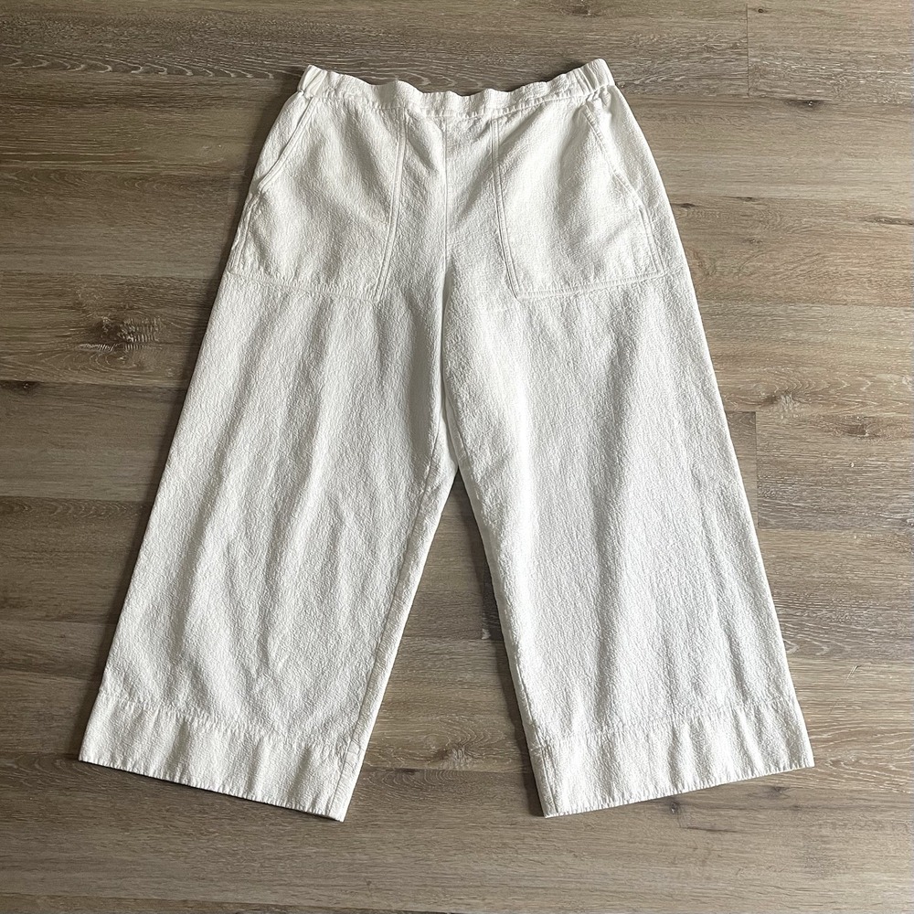 MM Lafleur White Linen Wide Leg Pants Size 14 Textured Pull On Elastic Waist